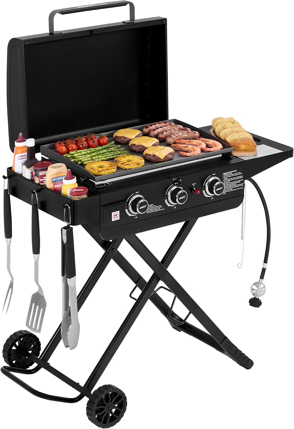 PD3003 3-Burner Portable Gas Griddle with Folding Stand Black