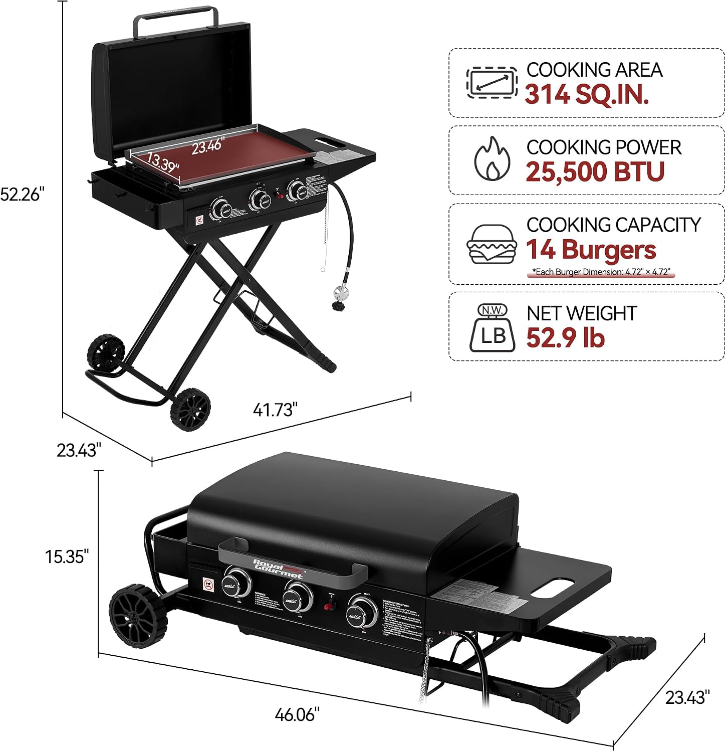 PD3003 3-Burner Portable Gas Griddle with Folding Stand Black - Image 2