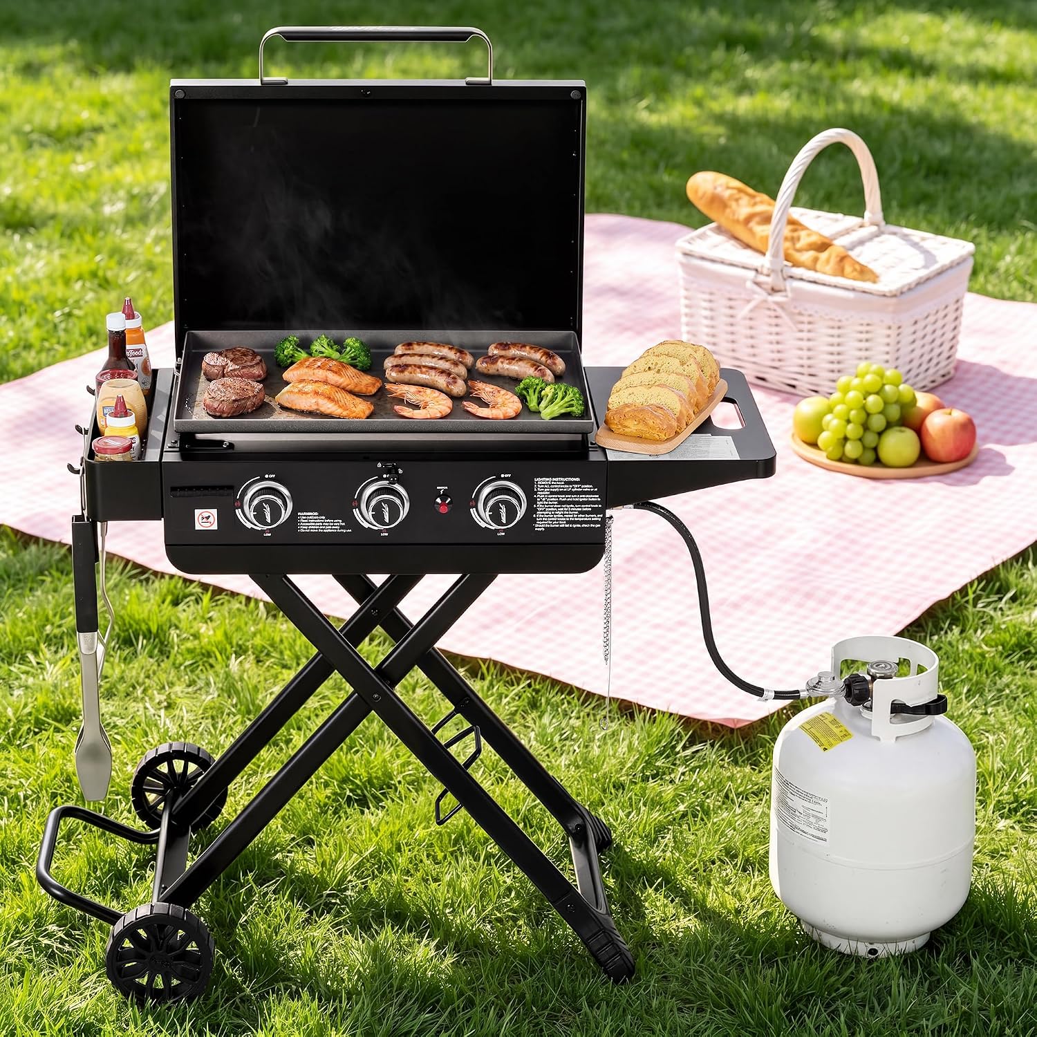 PD3003 3-Burner Portable Gas Griddle with Folding Stand Black - Image 9