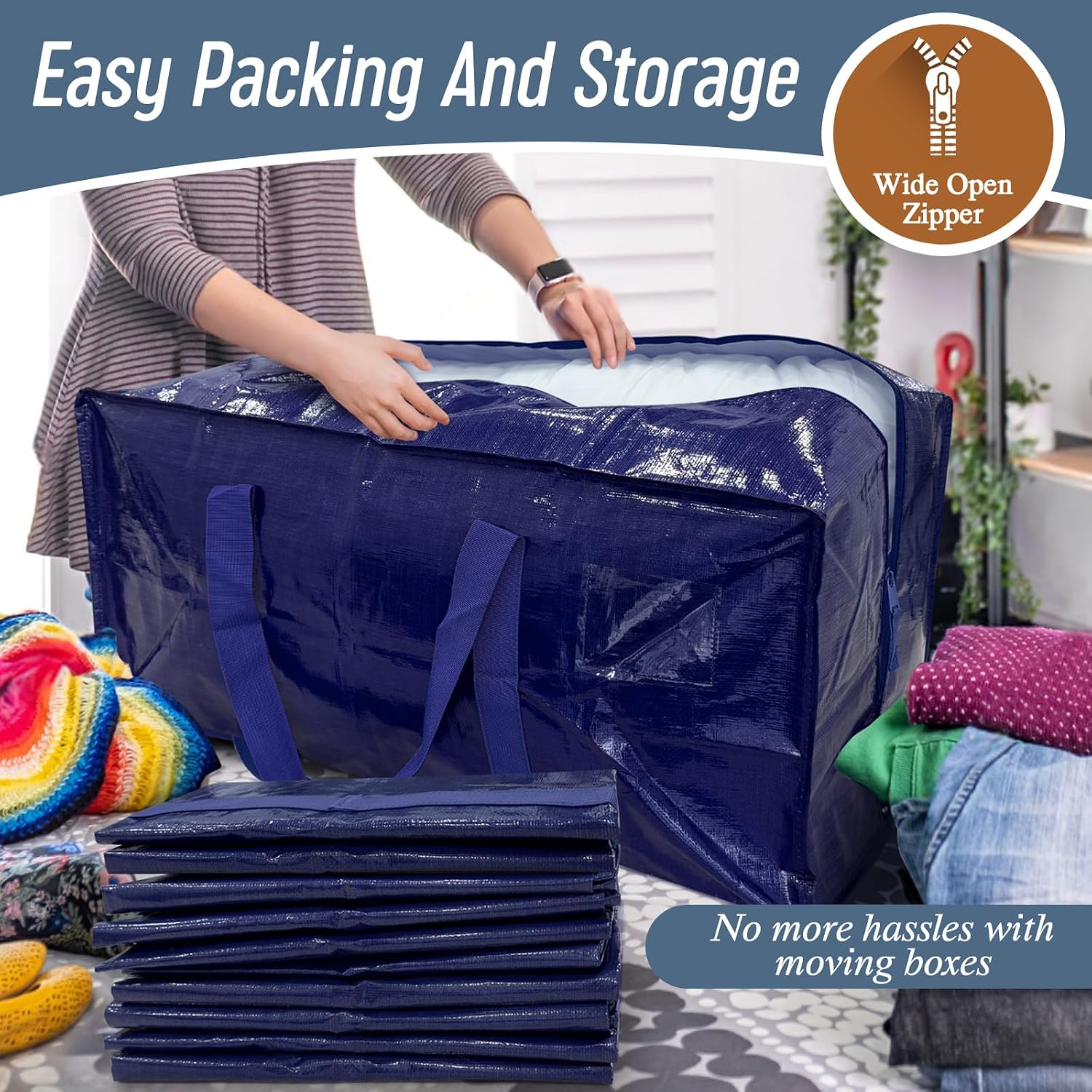 6 Pack Extra Heavy Duty Large Moving Bags with Strong Zipper, Dark Blue - Image 5